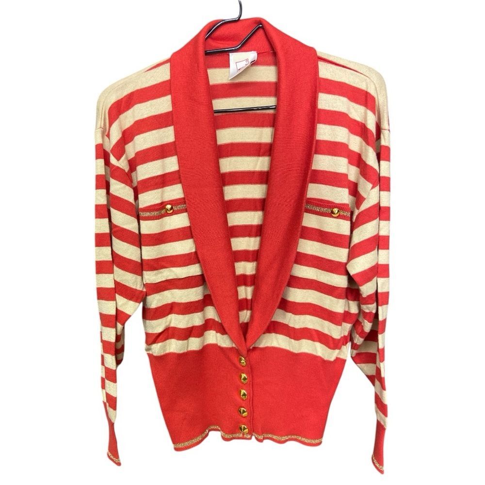 Vintage Mondi Red and Cream Striped Women's Sweater size 38/S